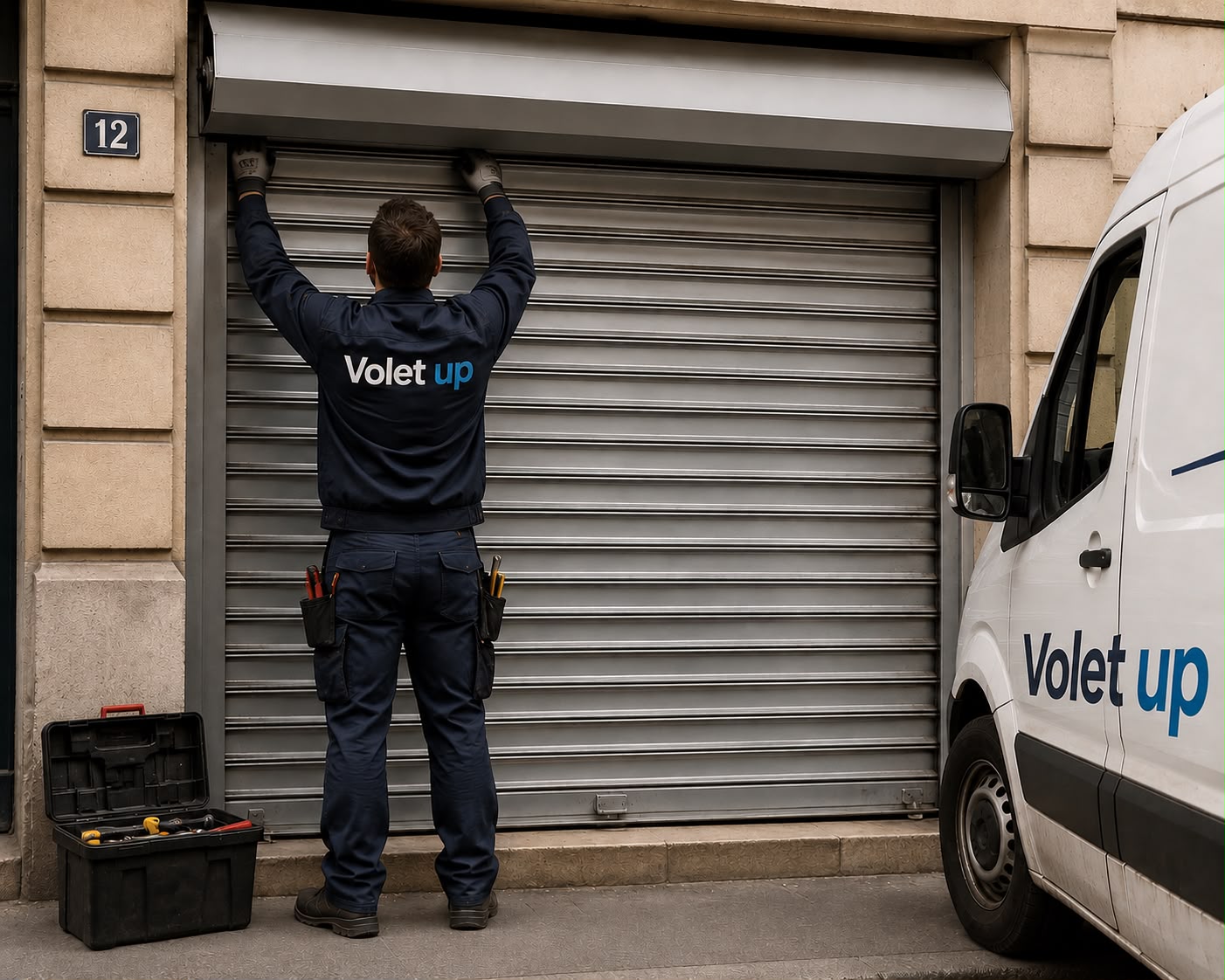 Technicien VoletUp réparant un volet roulant